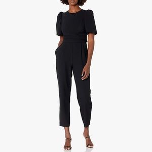 Eliza J Petite Black Midi Tie Waist Jumpsuit with Balloon Sleeves